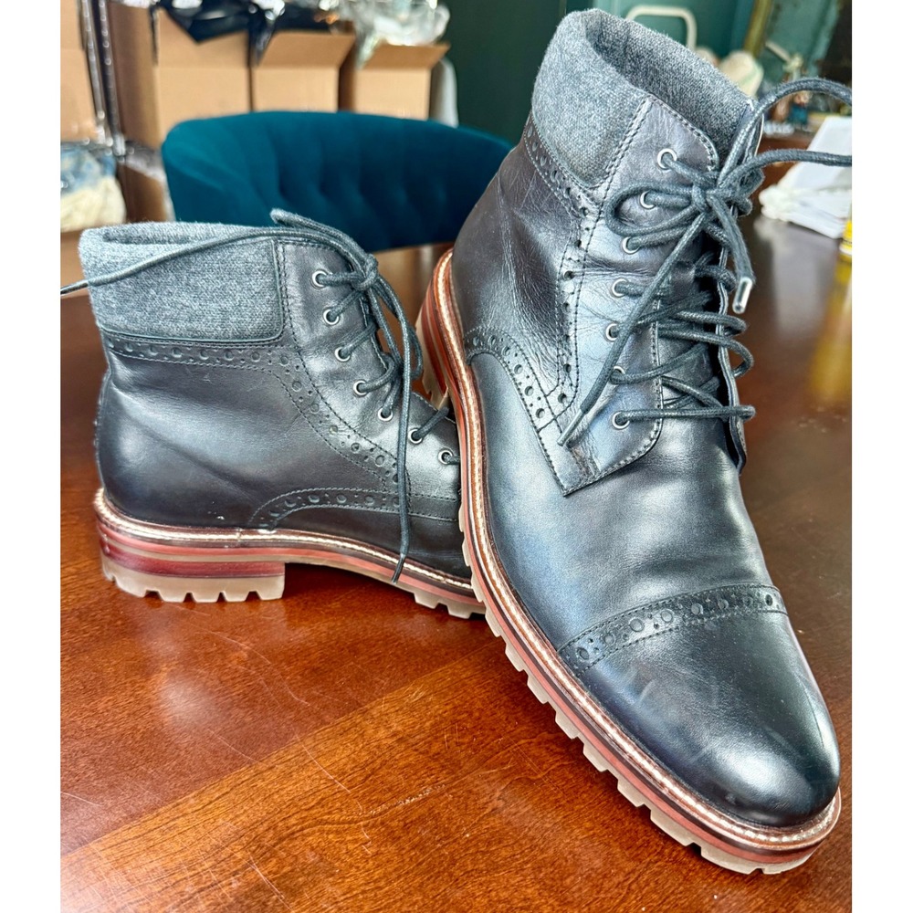 Johnston & Murphy J&M Karnes Mens Black Leather Brogue Cap Toe Boots 10M 20-2925